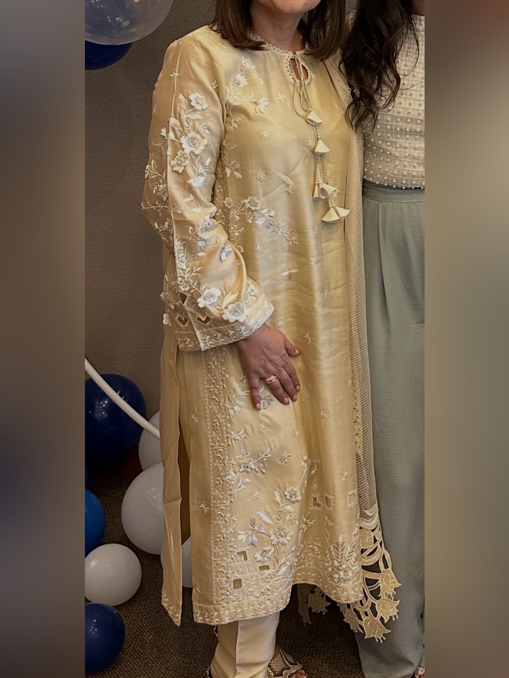 Embroidered Cream Long-Sleeve Women's Dress with Tassel Detail
